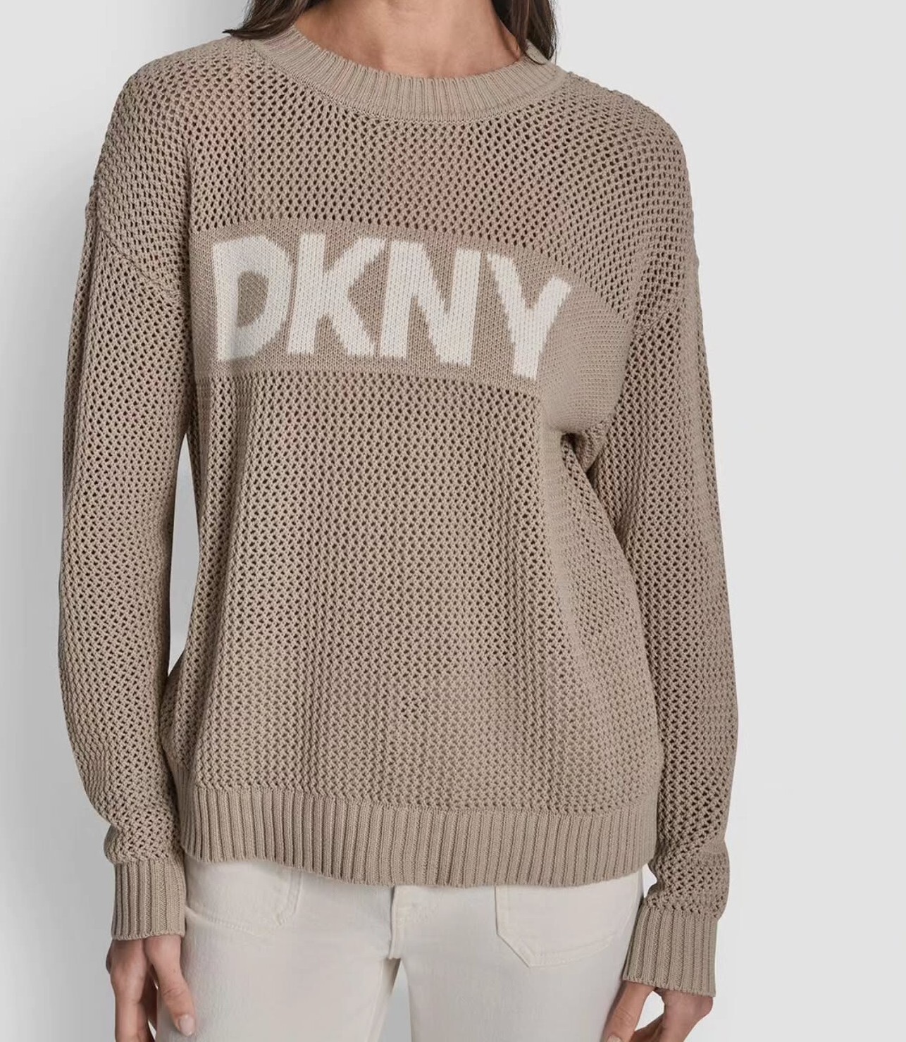 [S] DKNY PEBBLE/IVORY CREW NECK POINTELLE LOGO SWEATER, DJ6R0996-E3N (SD1904)