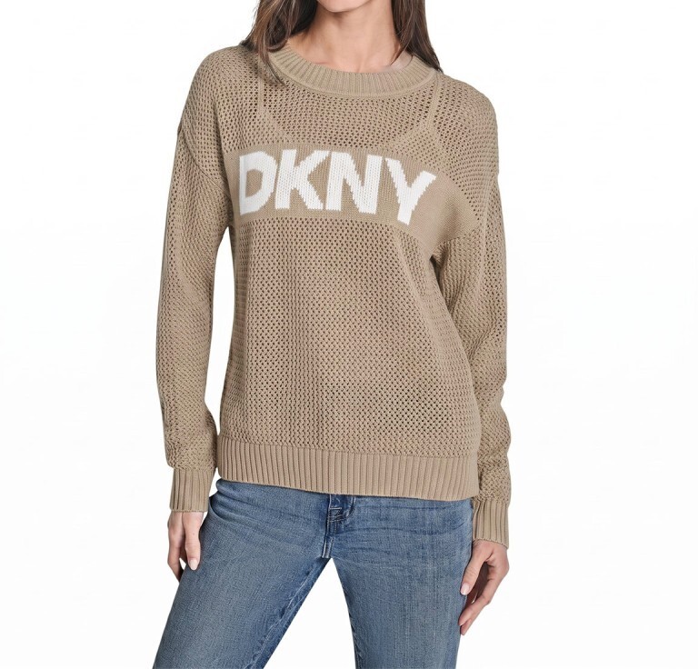 [S] DKNY PEBBLE/IVORY CREW NECK POINTELLE LOGO SWEATER, DJ6R0996-E3N (SD1904)