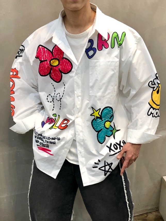 (韓潮獨家特價)微笑塗鴉花卉字母印花襯衫