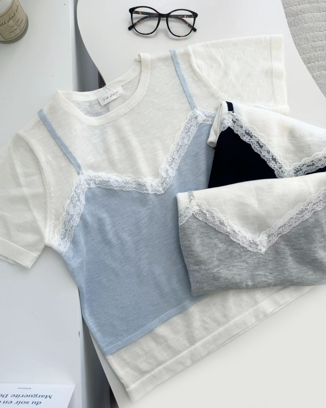 法朵Fado shop｜初夏微甜．蕾絲滾邊假兩件拼接短袖上衣 0115009 三色