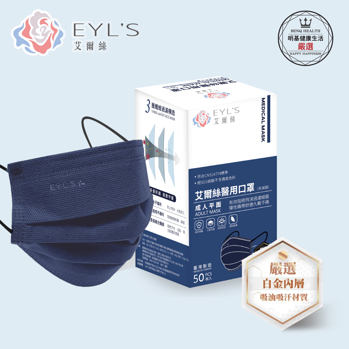 *任4盒399元*【艾爾絲】成人醫療平面口罩50入/盒-牛仔藍（Light輕時尚 大地色系）