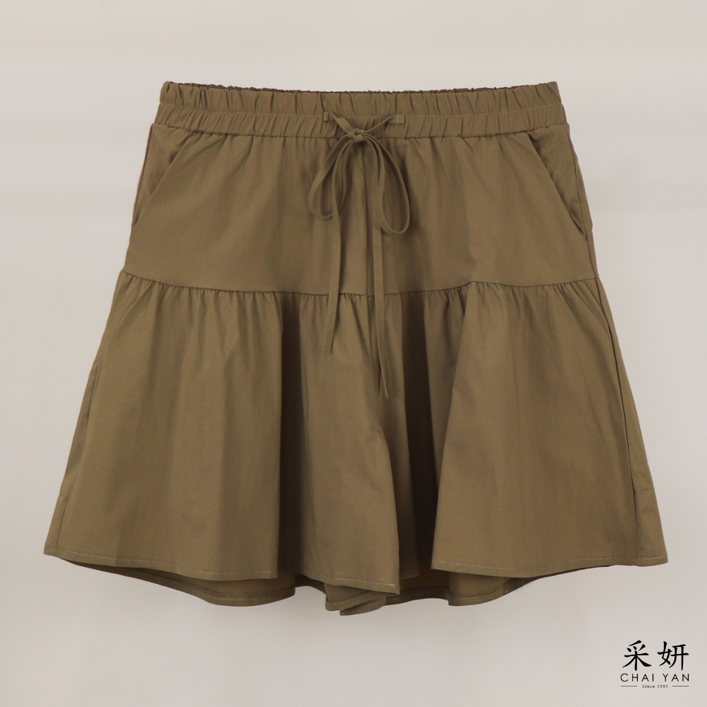 素色假抽繩寬鬆休閒短褲