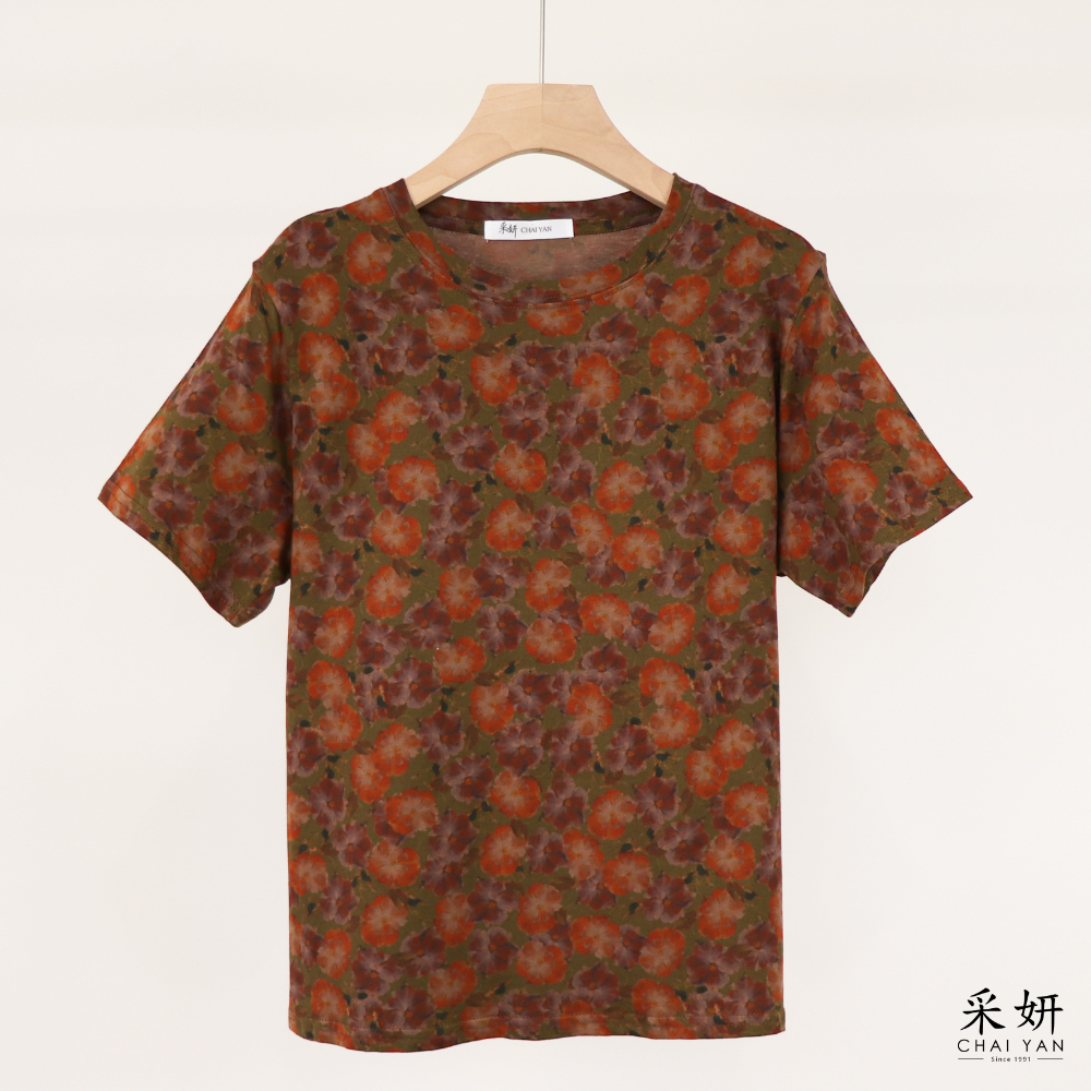 咖紫花花布短袖上衣