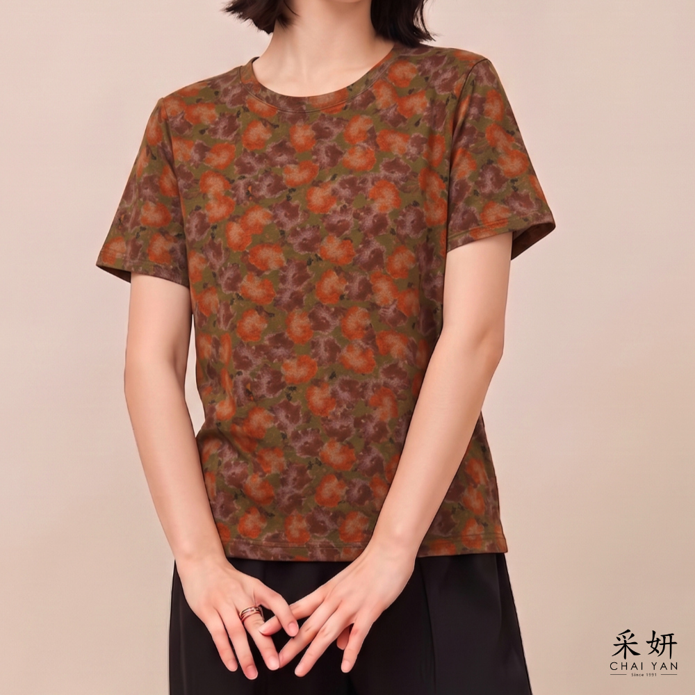 咖紫花花布短袖上衣