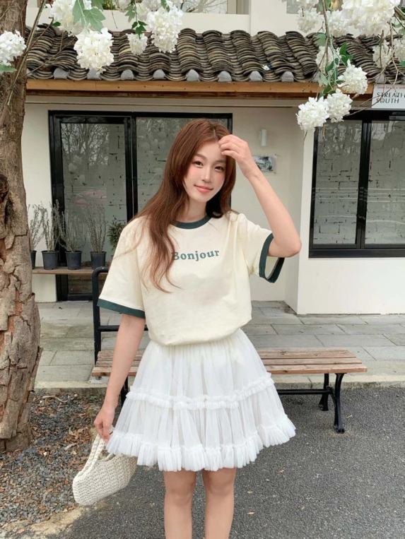 【直播】BUY LOVE BL052814 女裝韓棉法式浪漫撞色滾邊字母短袖上衣