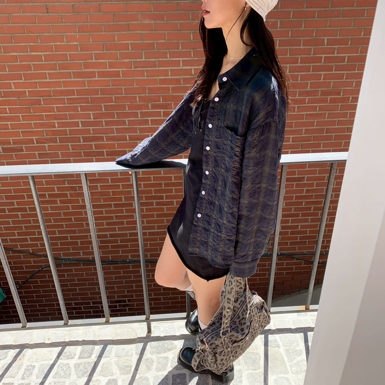ISA_多睡五分鐘! 皺皺格紋單口袋寬鬆棉麻襯_65029