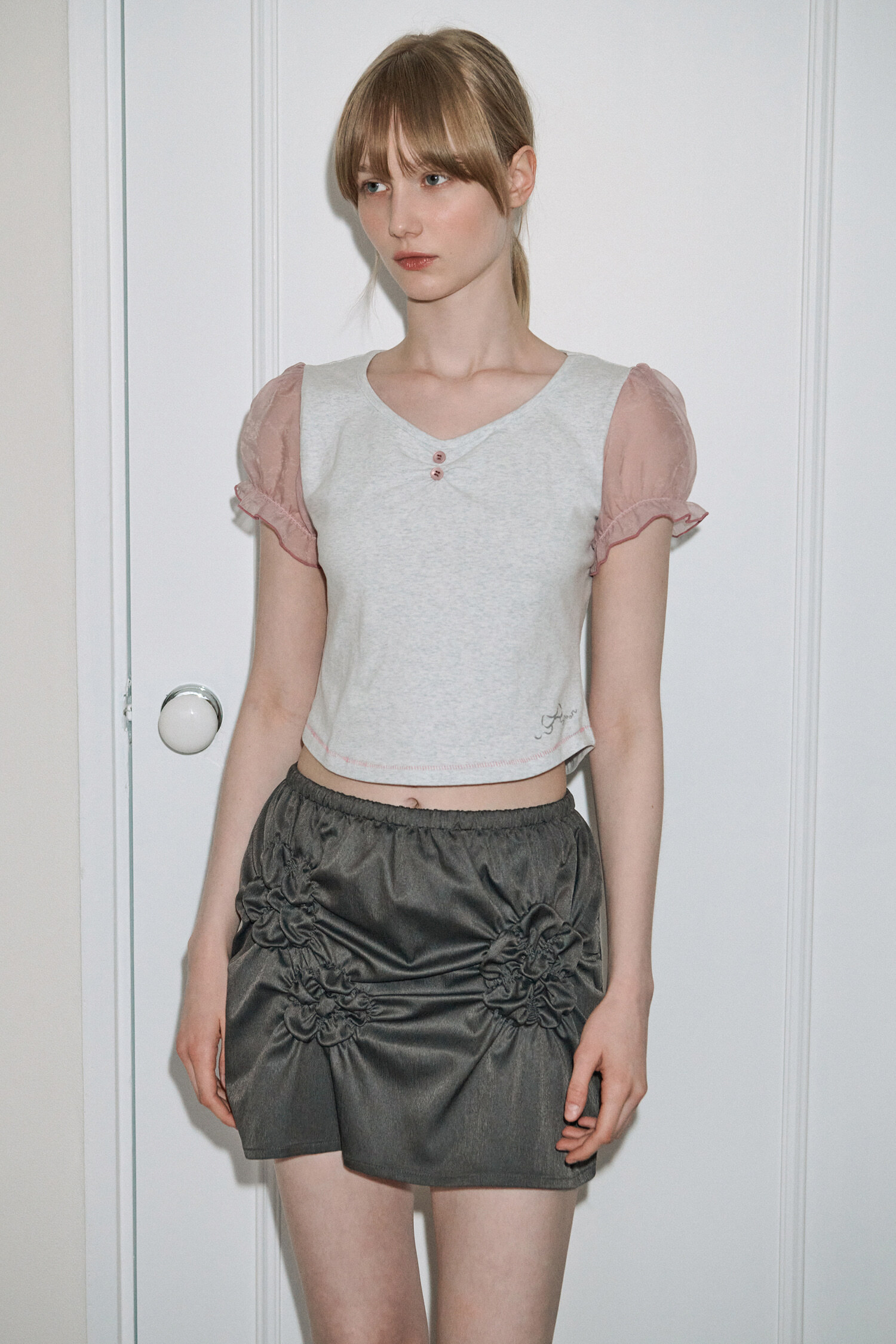 Sinoon Ribbon Shirring Puff T-Shirt