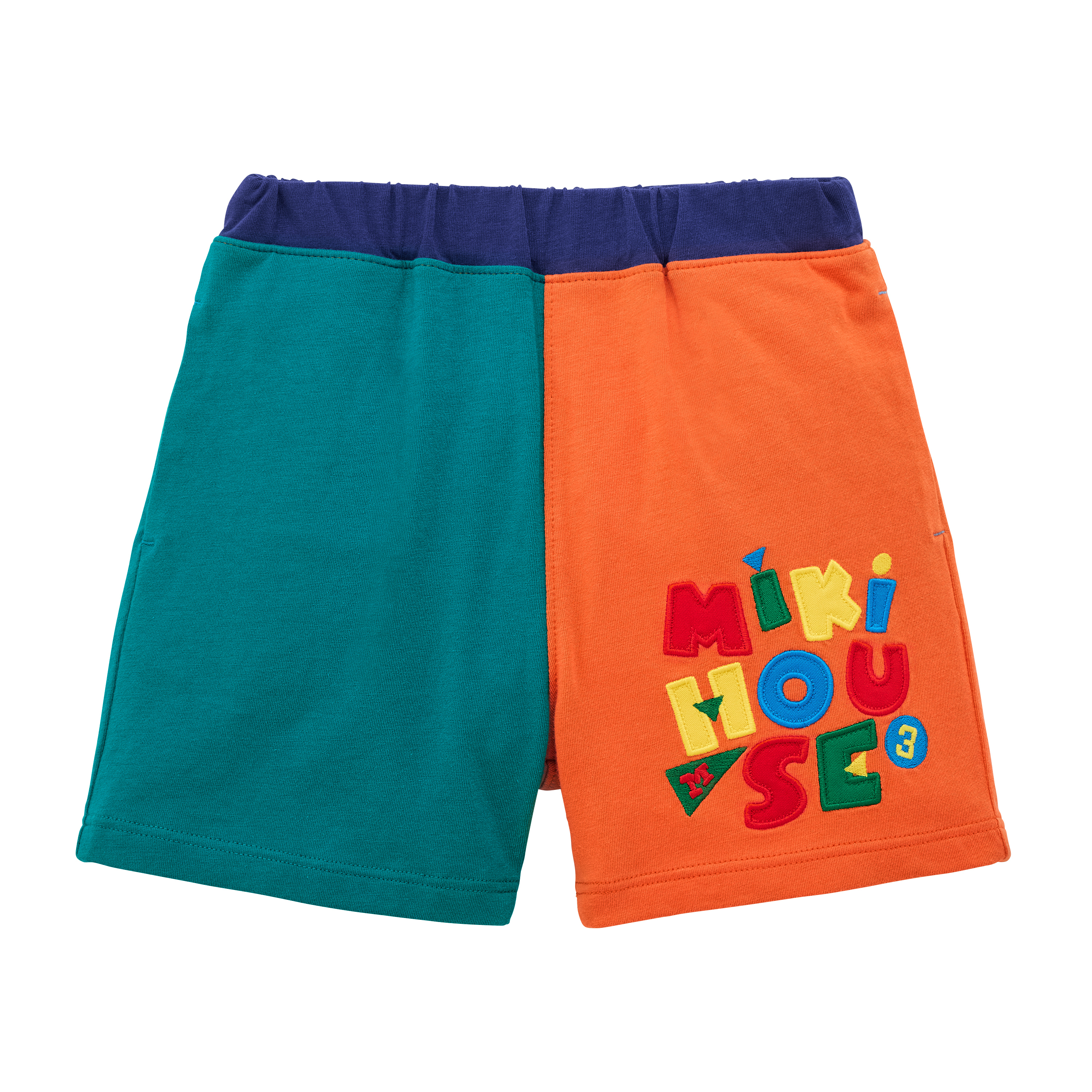 MIKI HOUSE復古LOGO拚色彈性五分褲-橘