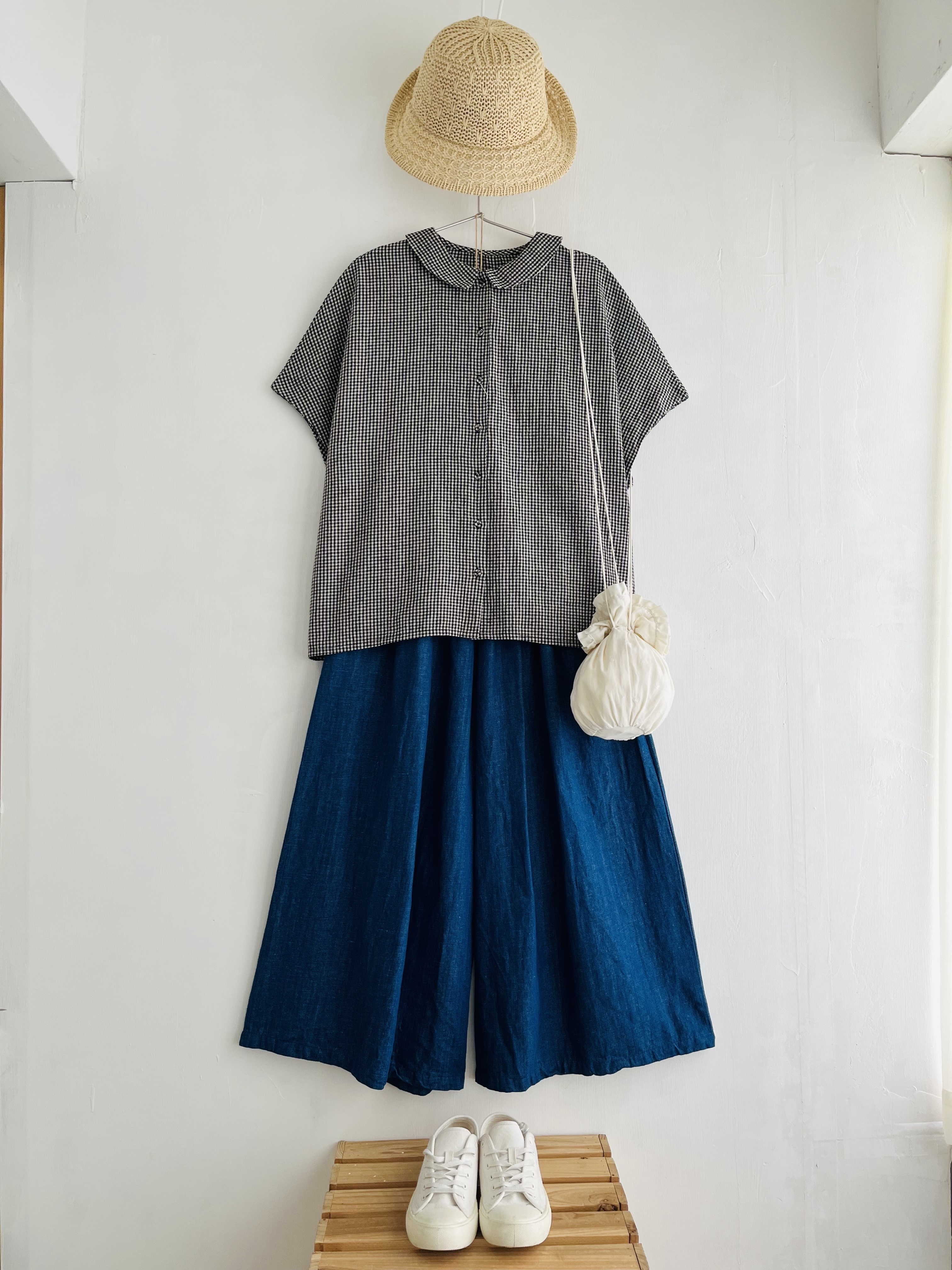 blue willow黑白色格仔top