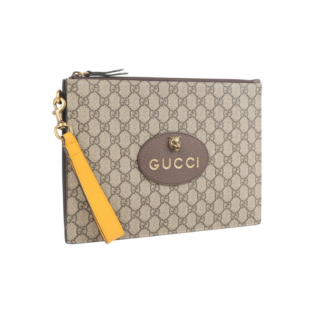 【GUCCI】Neo Vintage 虎頭附提把薄款手拿包(米色/烏木色)