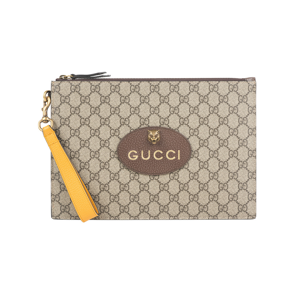 【GUCCI】Neo Vintage 虎頭附提把薄款手拿包(米色/烏木色)