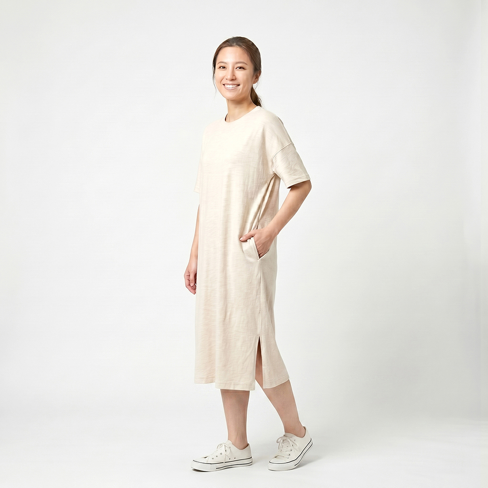 女BD有機埃及棉細緻竹節短袖長洋裝-原米 | 藍天畫布有機棉