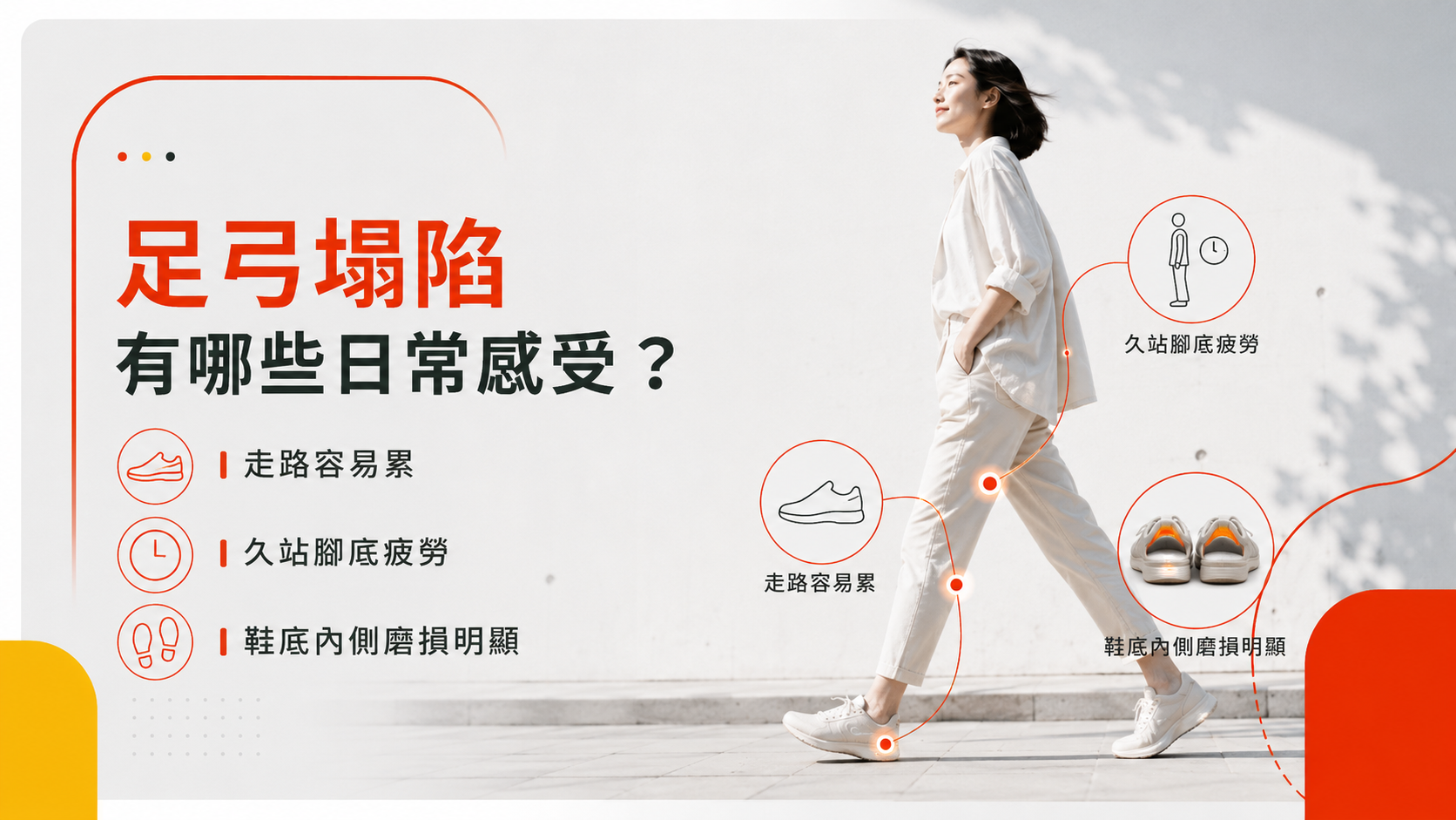 足弓塌陷可能出現走路容易累、久站腳底疲勞與鞋底內側磨損