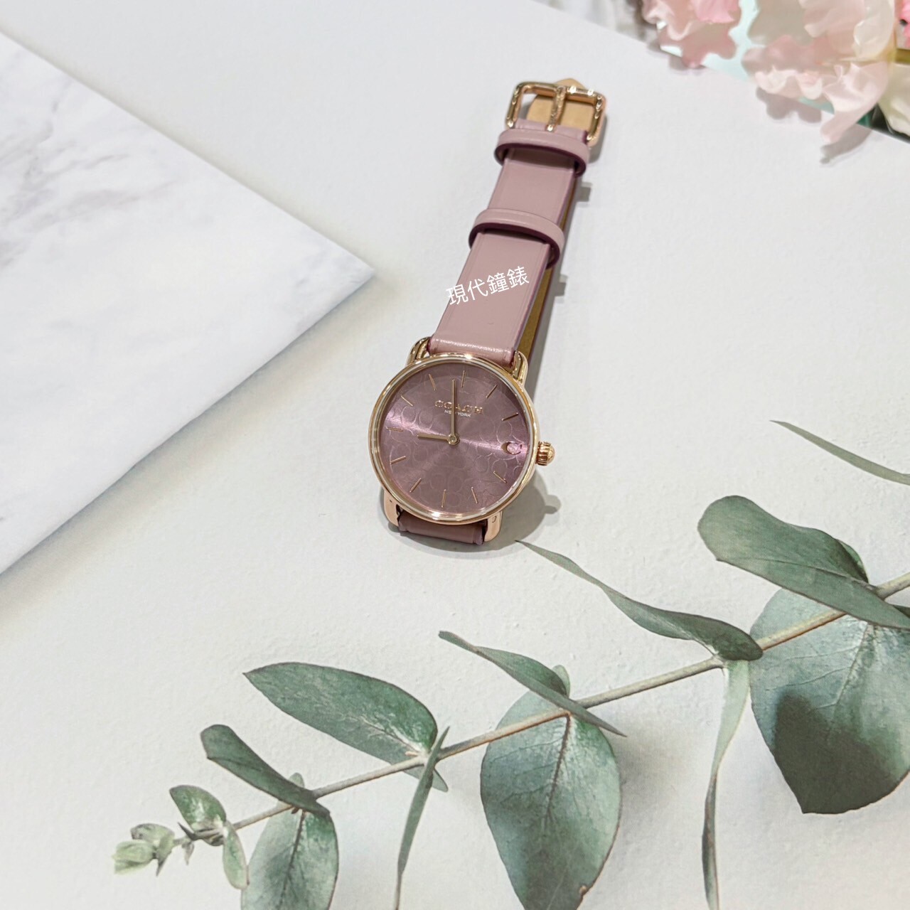 【COACH】紫粉LOGO紋路優雅腕錶 CO14504634 28mm 現代鐘錶