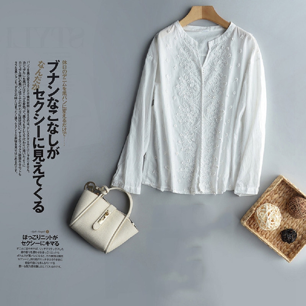 【ASister 小姊姊】AS2502#女裝｜上衣☆純棉圓V領蕾絲長袖立領襯衫(白色 S-2XL)