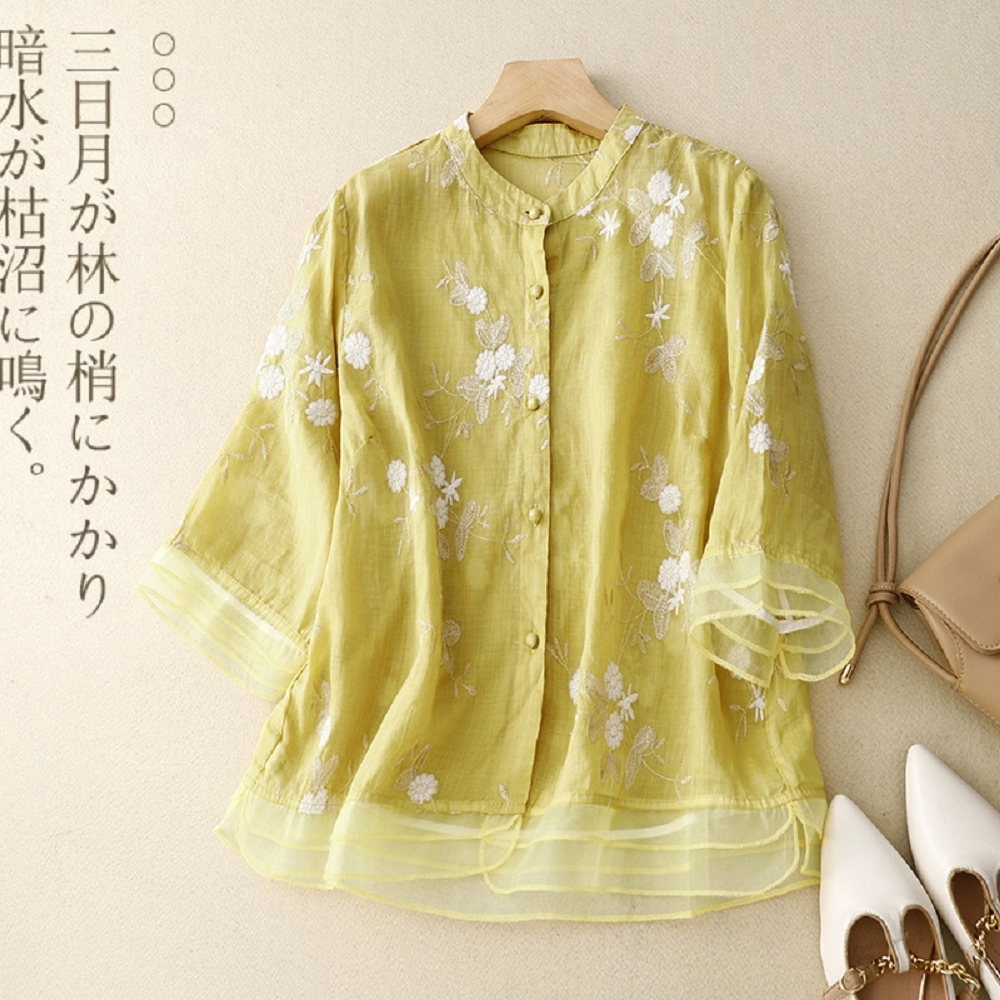【ASister 小姊姊】AS2503#女裝｜上衣☆棉麻刺繡七分袖立領襯衫(4色 M-2XL)