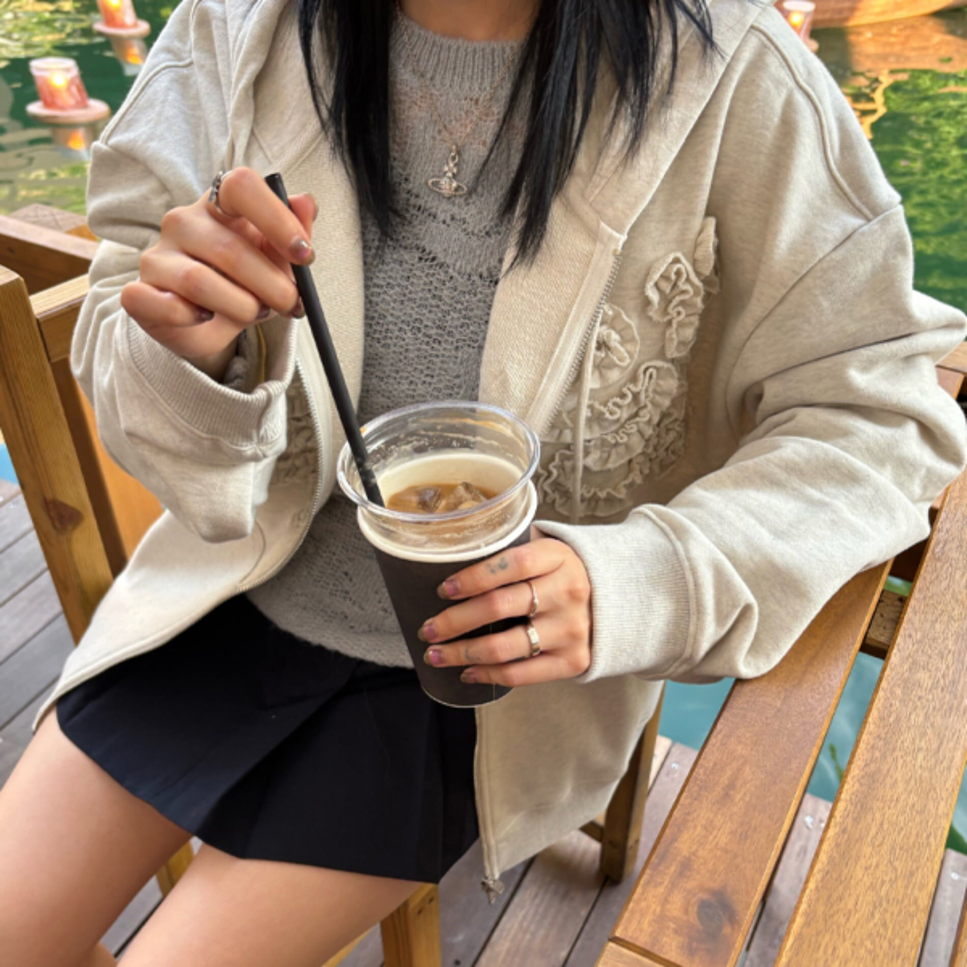 Sinoon Rose Frill Oversized-Fit Hooded Zip-Up