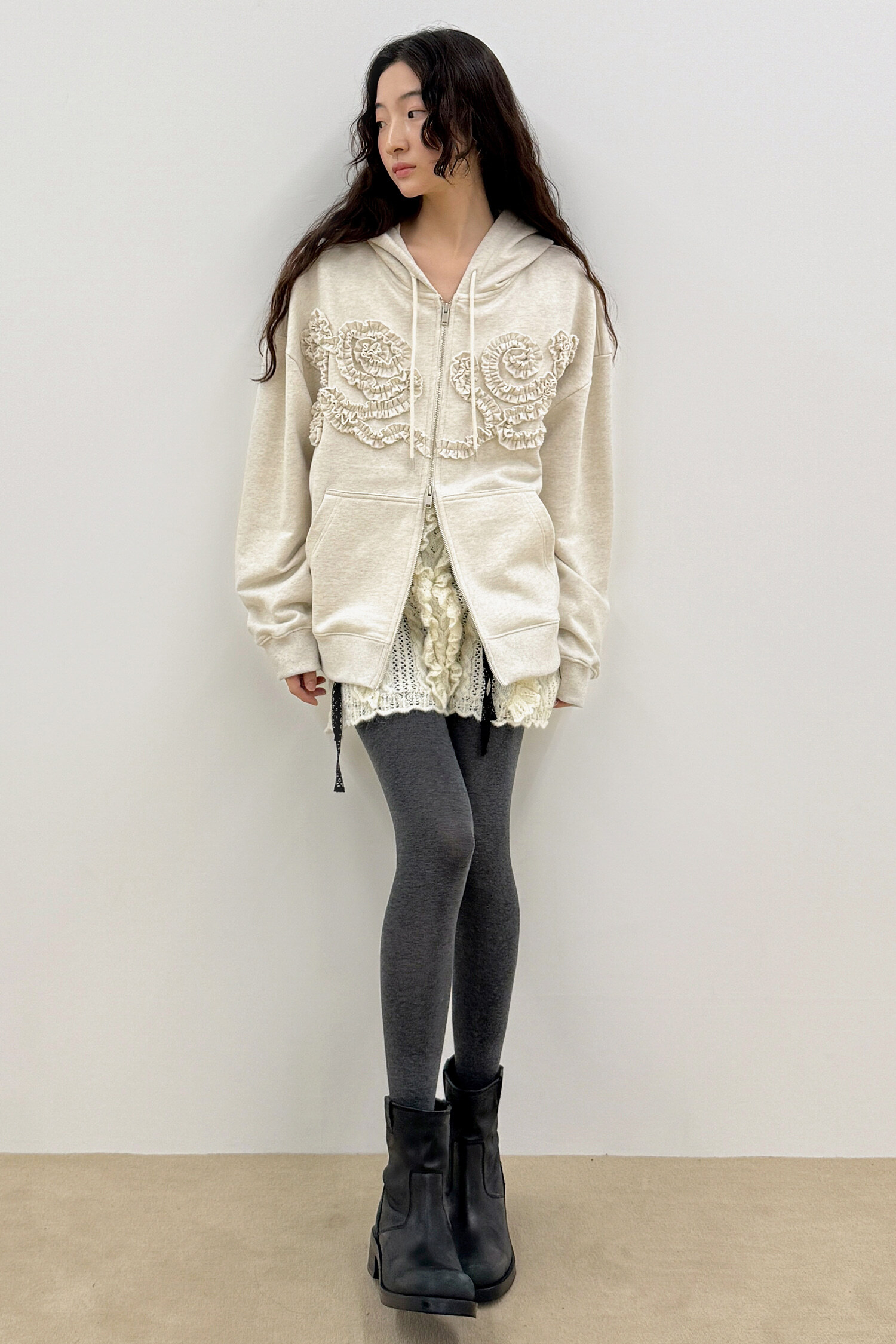 Sinoon Rose Frill Oversized-Fit Hooded Zip-Up