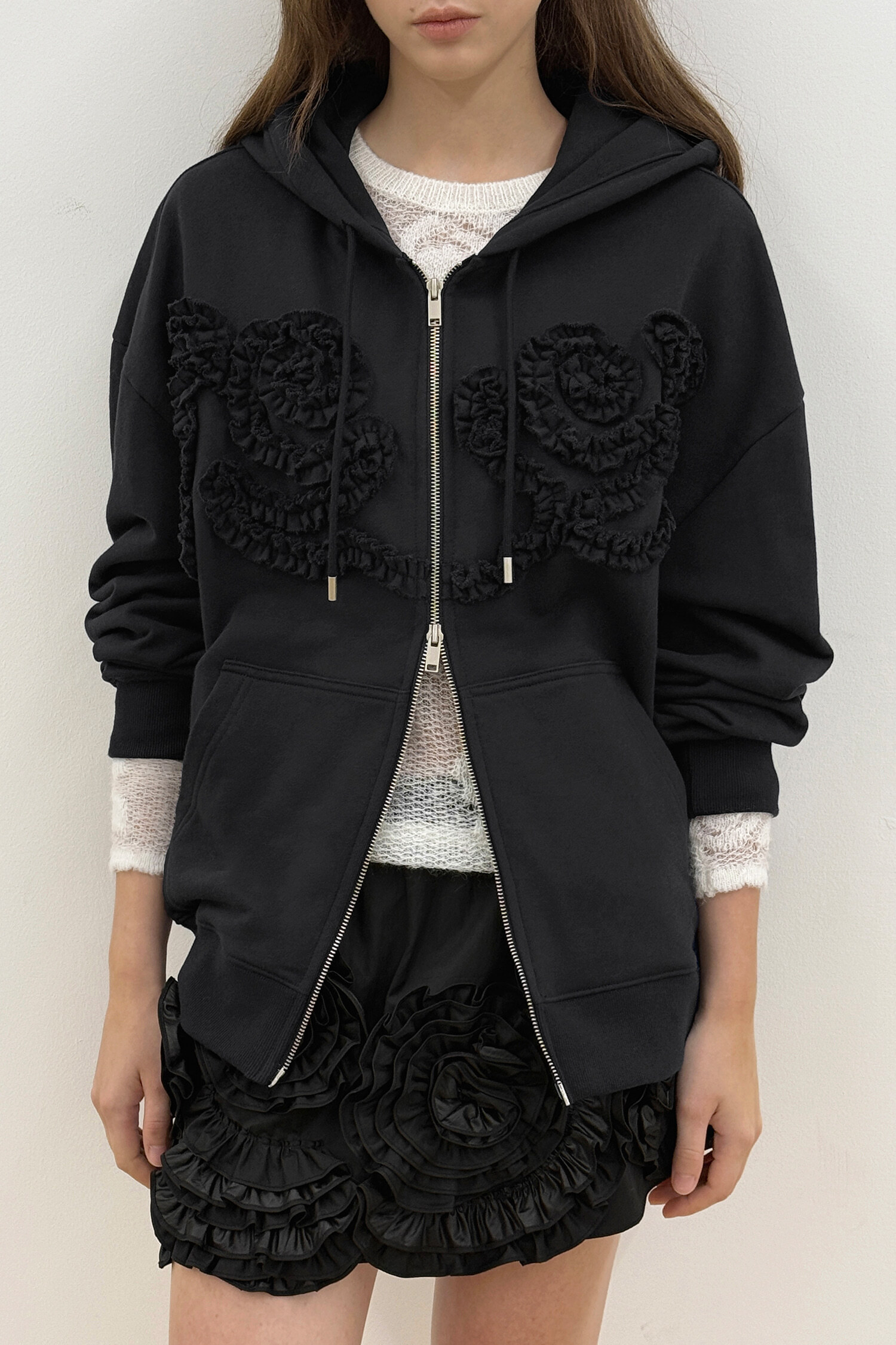 Sinoon Rose Frill Oversized-Fit Hooded Zip-Up
