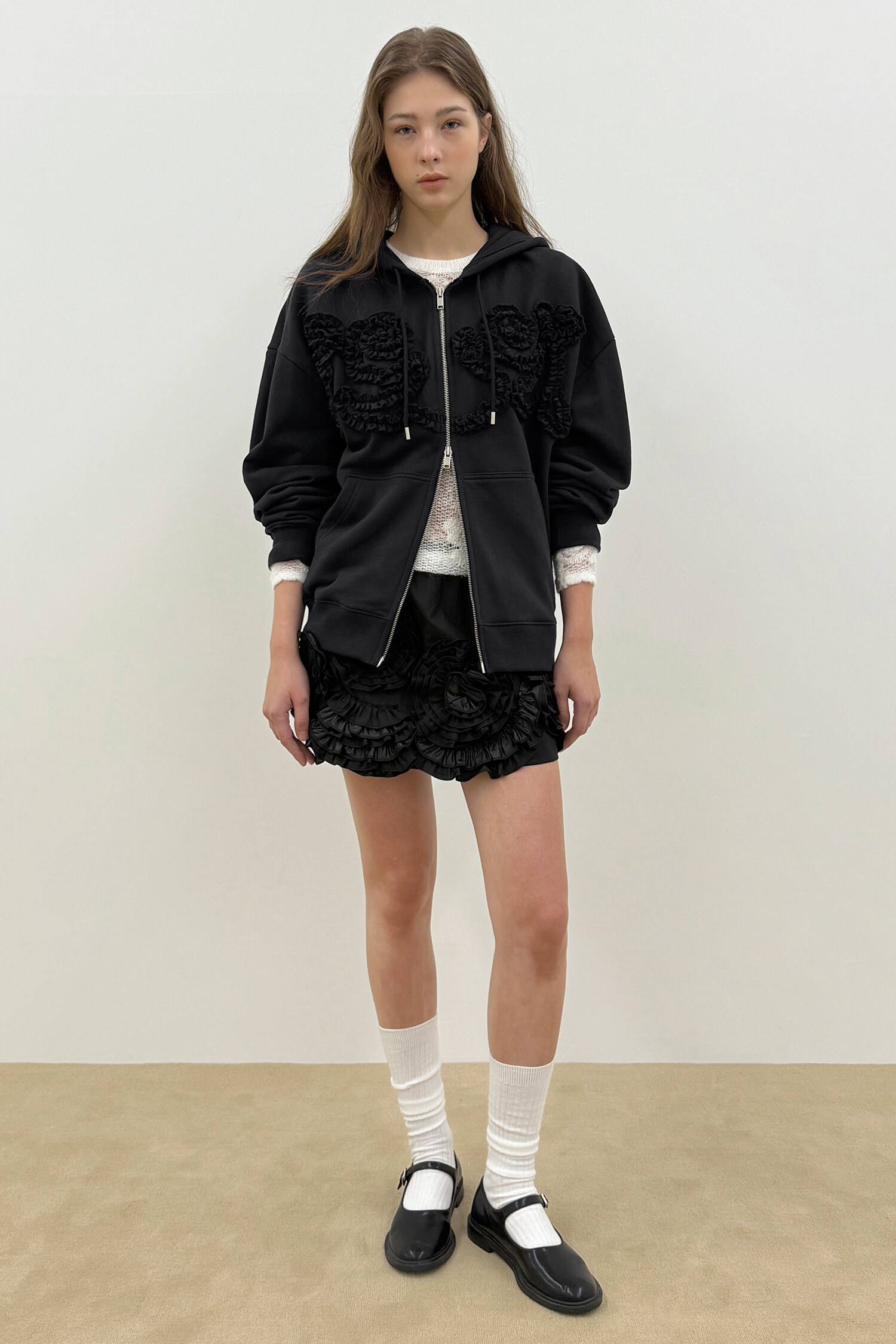 Sinoon Rose Frill Oversized-Fit Hooded Zip-Up