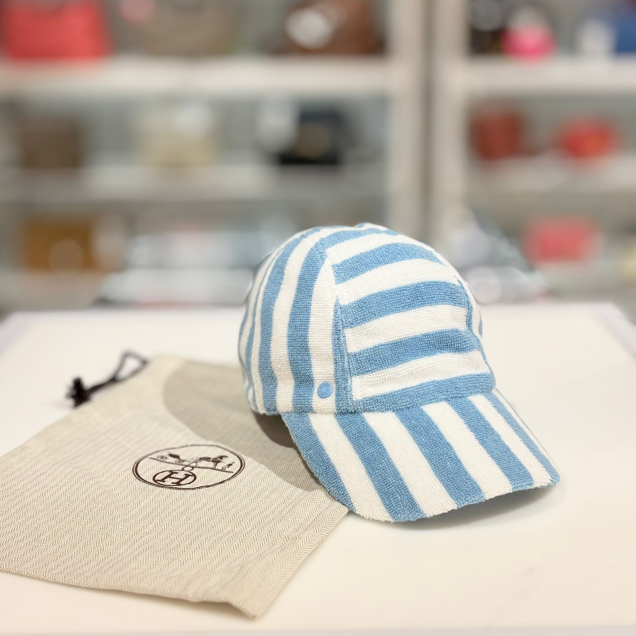 全新HERMES Davis Riviera 毛巾布休閒帽/沙灘帽 藍白間條 #BRAND NEW #香榭站正品