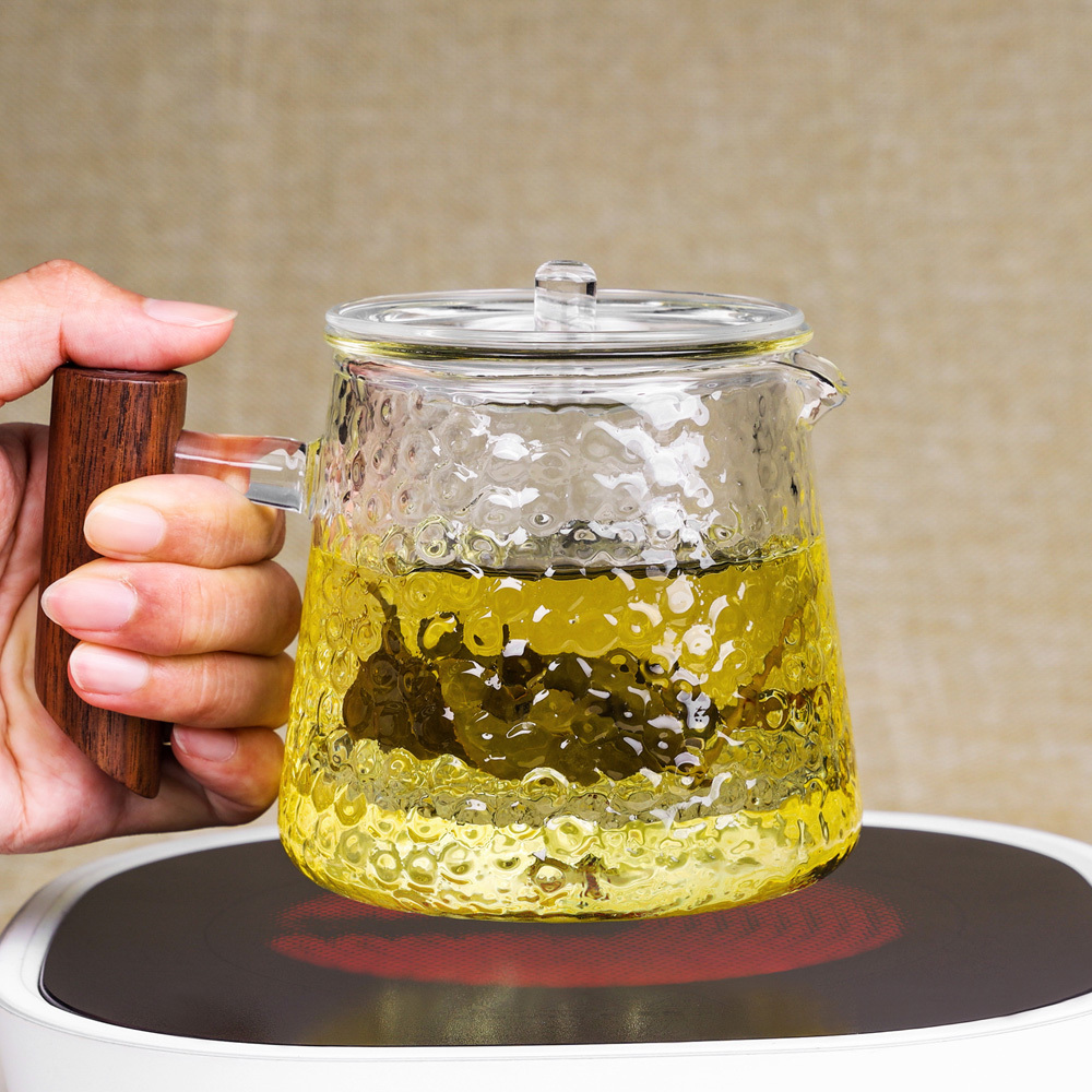 鎚紋木玻璃濾茶壺(400ml/胡桃木握把)