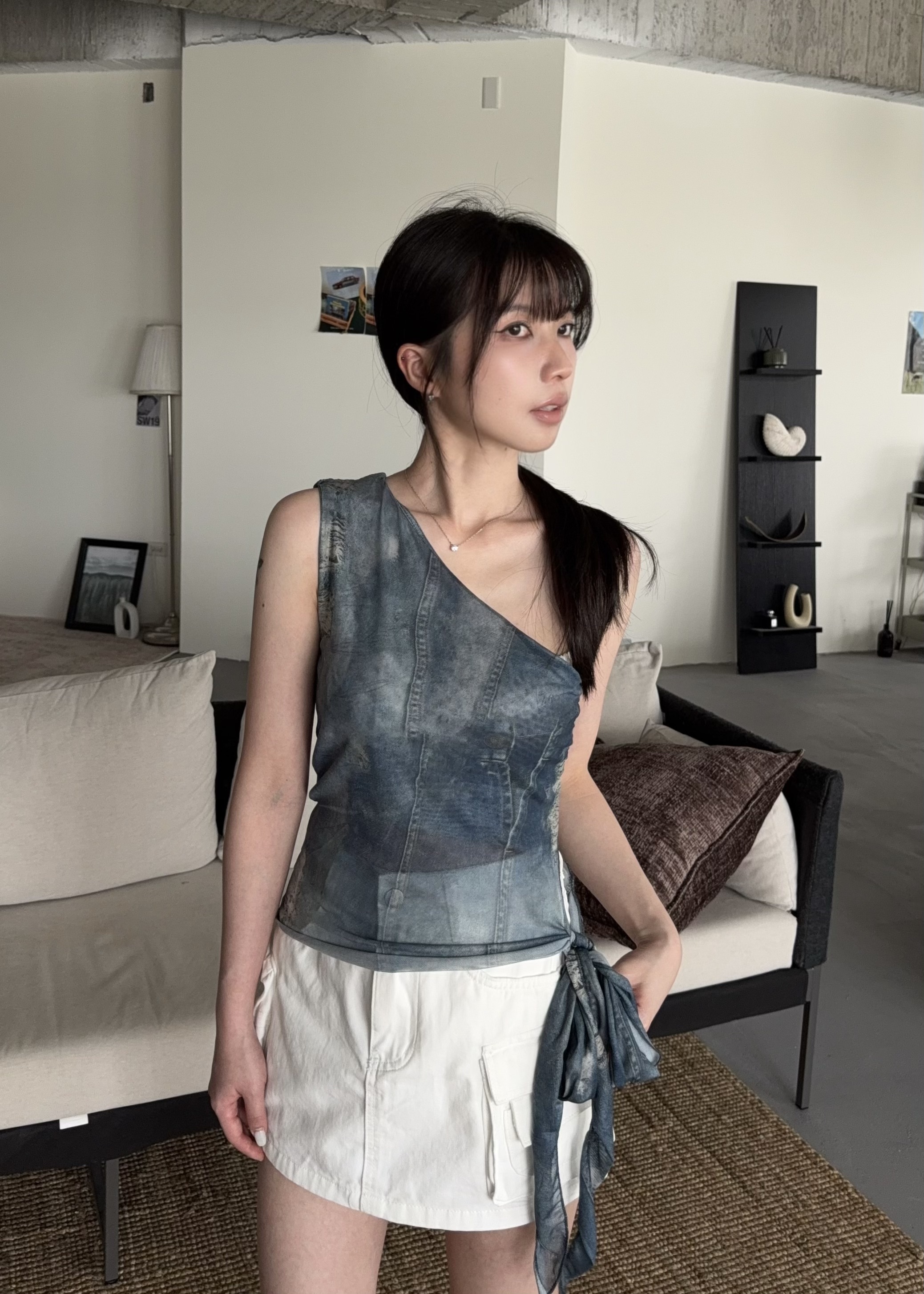 美式牛仔單肩側綁帶上衣