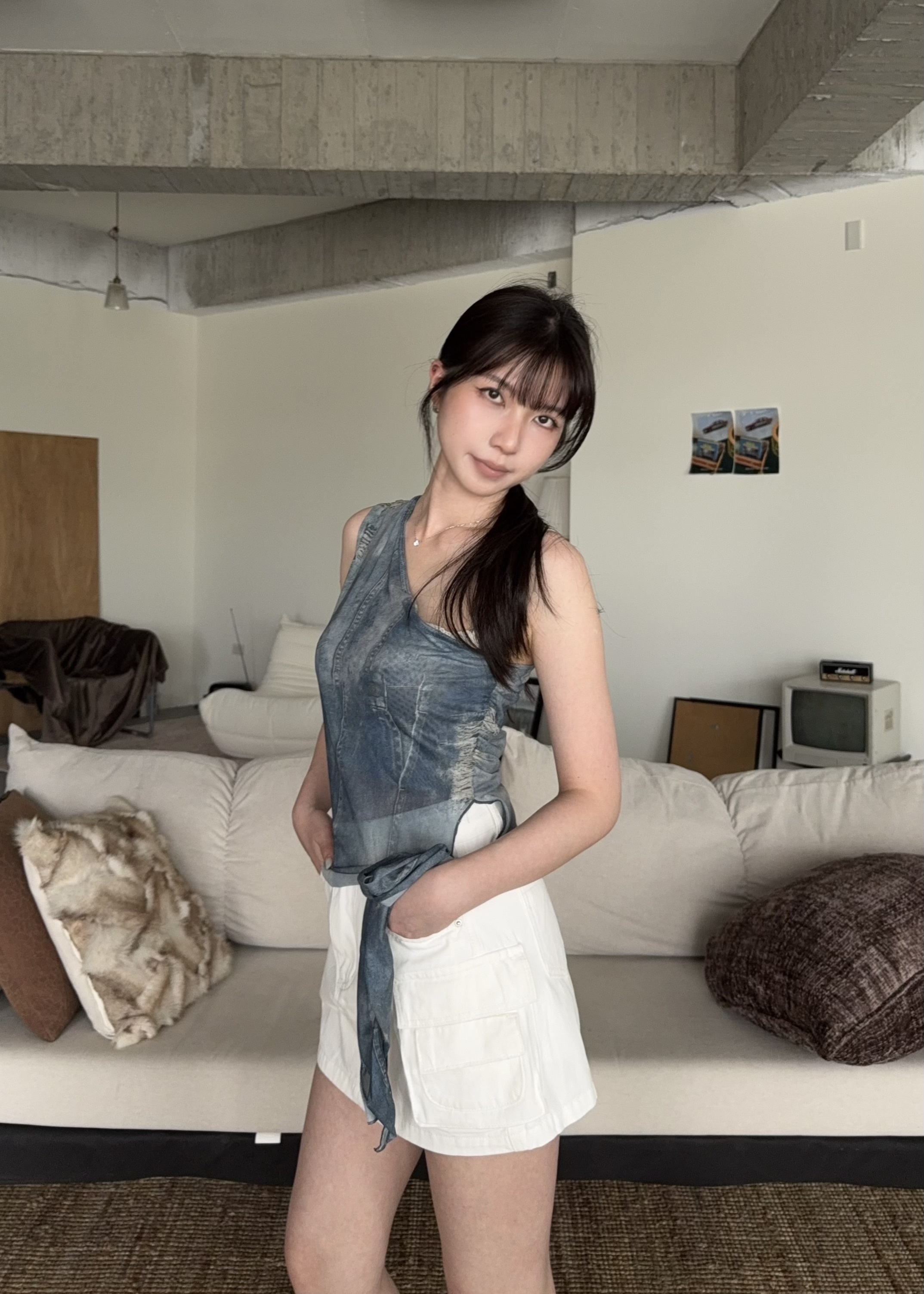 美式牛仔單肩側綁帶上衣