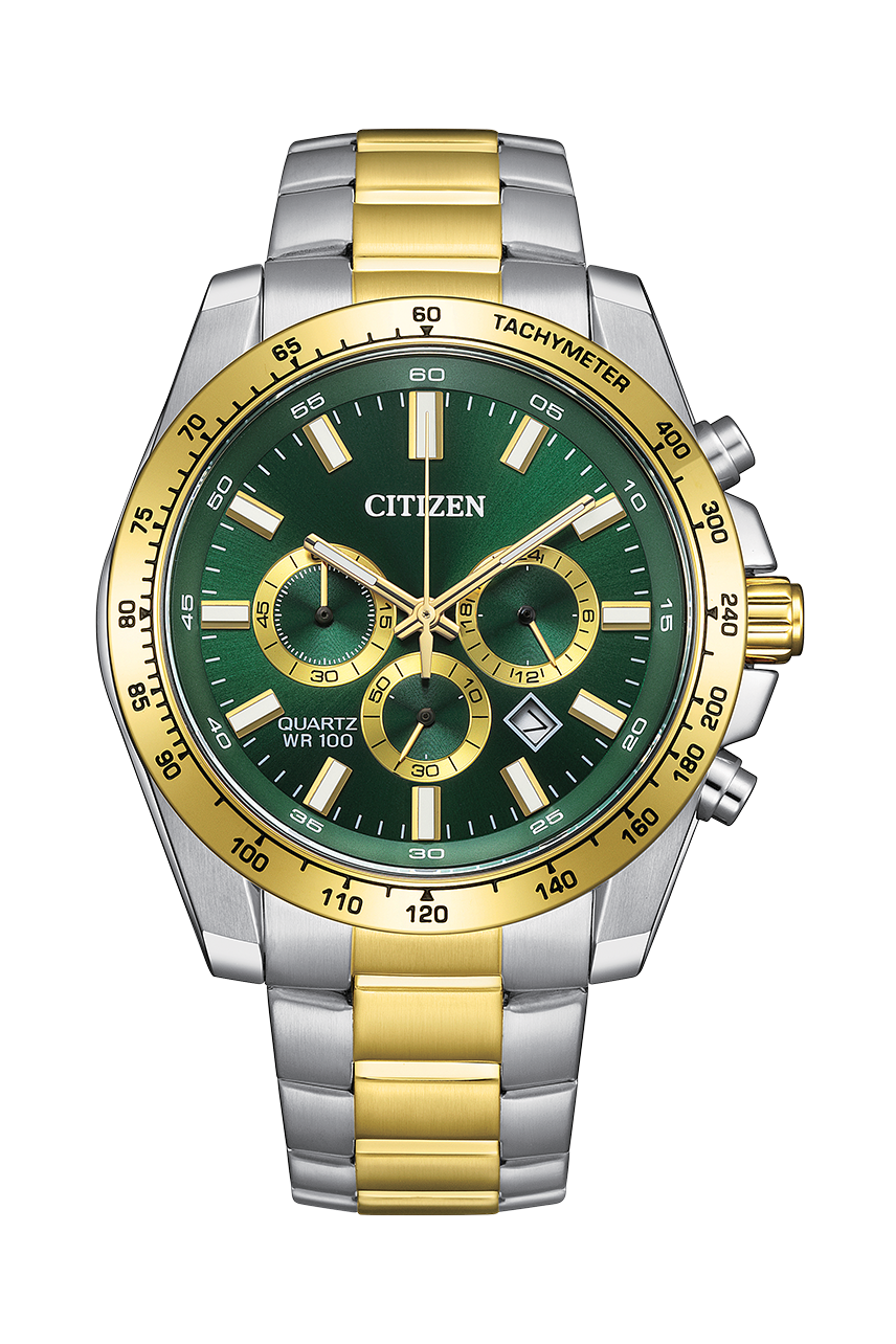 行貨 CITIZEN 星辰 Sports Chronograph Quartz Green Dial Men's Watch AN8234-58X Men Quartz Watch 44mm 綠色錶盤金銀雙色不鏽鋼男士石英手錶