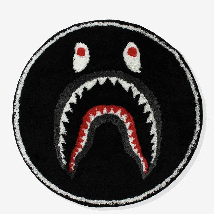 BAPE A BATHING APE SHARK 鯊魚地毯 圓毯 黑 長毛