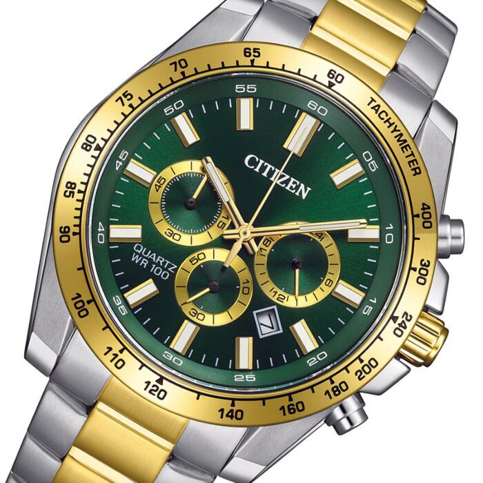 行貨 CITIZEN 星辰 Sports Chronograph Quartz Green Dial Men's Watch AN8234-58X Men Quartz Watch 44mm 綠色錶盤金銀雙色不鏽鋼男士石英手錶