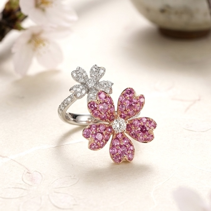 18K Gold Pink Sapphires Ring with Diamonds setting - Cherry blossom