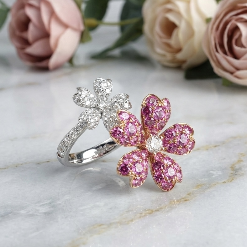 18K Gold Pink Sapphires Ring with Diamonds setting - Cherry blossom
