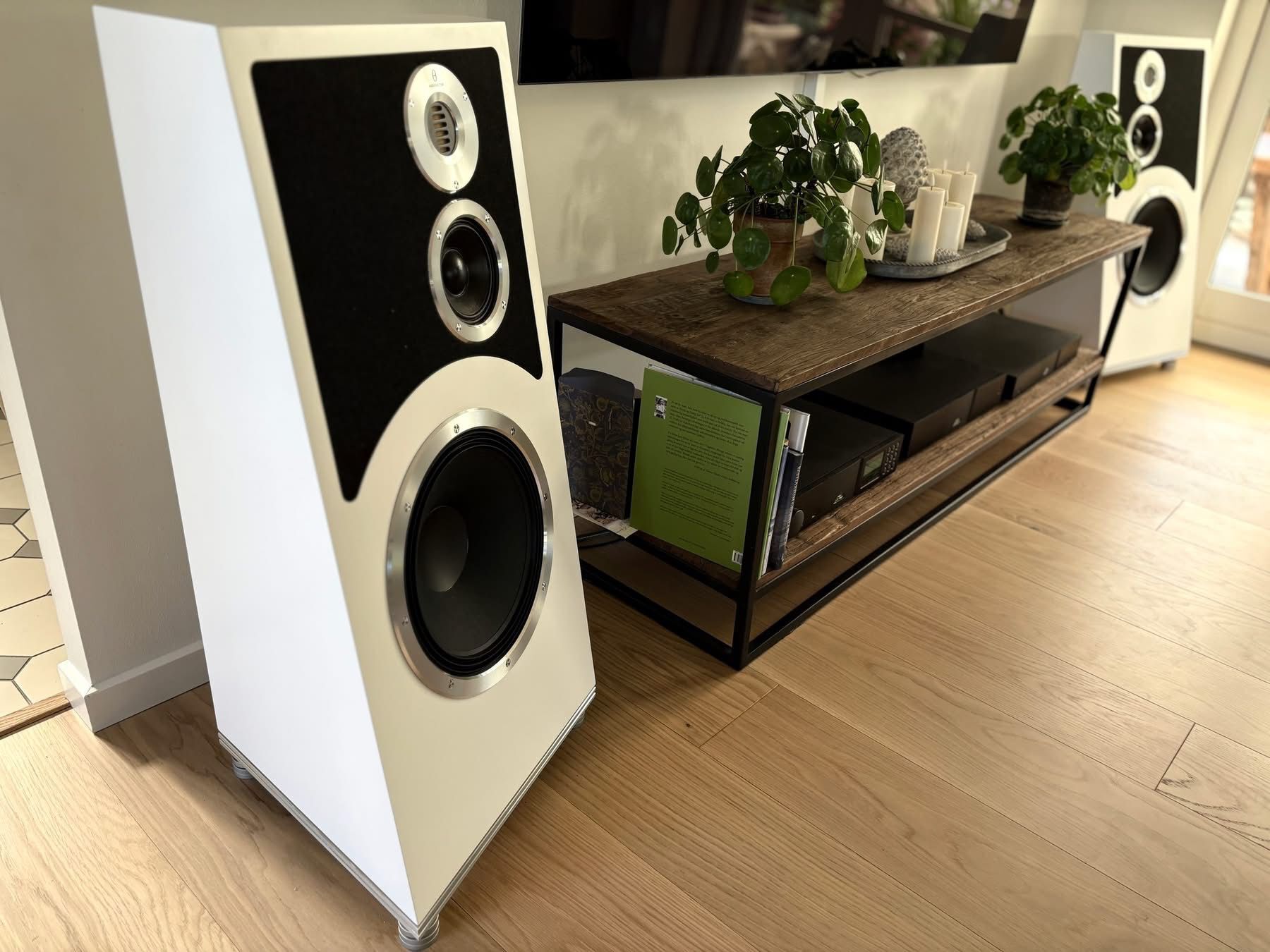 Audiovector Trapeze White Home Audio Setup Closeup
