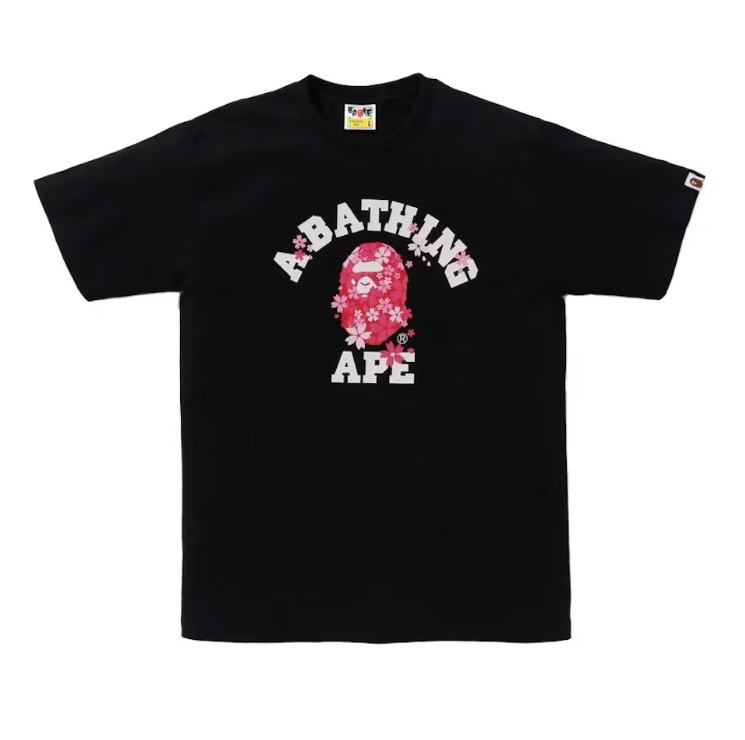 -(B3b01)-A BATHING APE SAKURA COLLEGE TEE BAPE 櫻花 猿人頭 短T 黑/白 -1M22110023