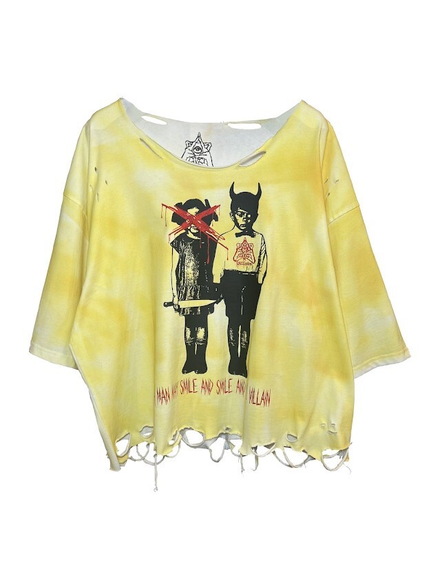 VILLAIN 26SS 雙人 破壞下擺 刷色U領上衣