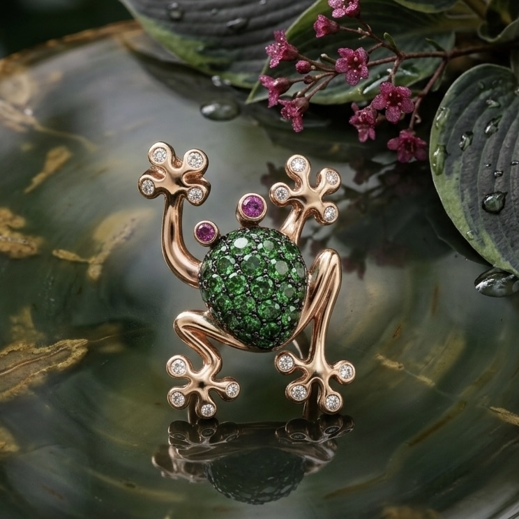 18K Rose Gold Tsavorite Diamonds Pendant - Frog