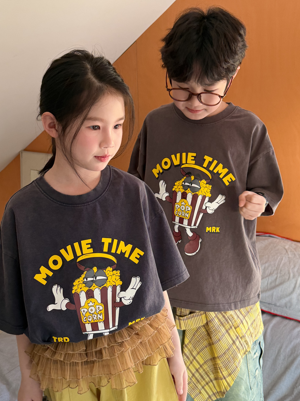 【H0851】美式爆米花印花短袖上衣(100-160)