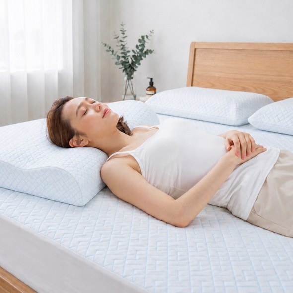 女性仰睡在森好眠冰絲涼感乳膠床墊上，腰背獲得均勻支撐
