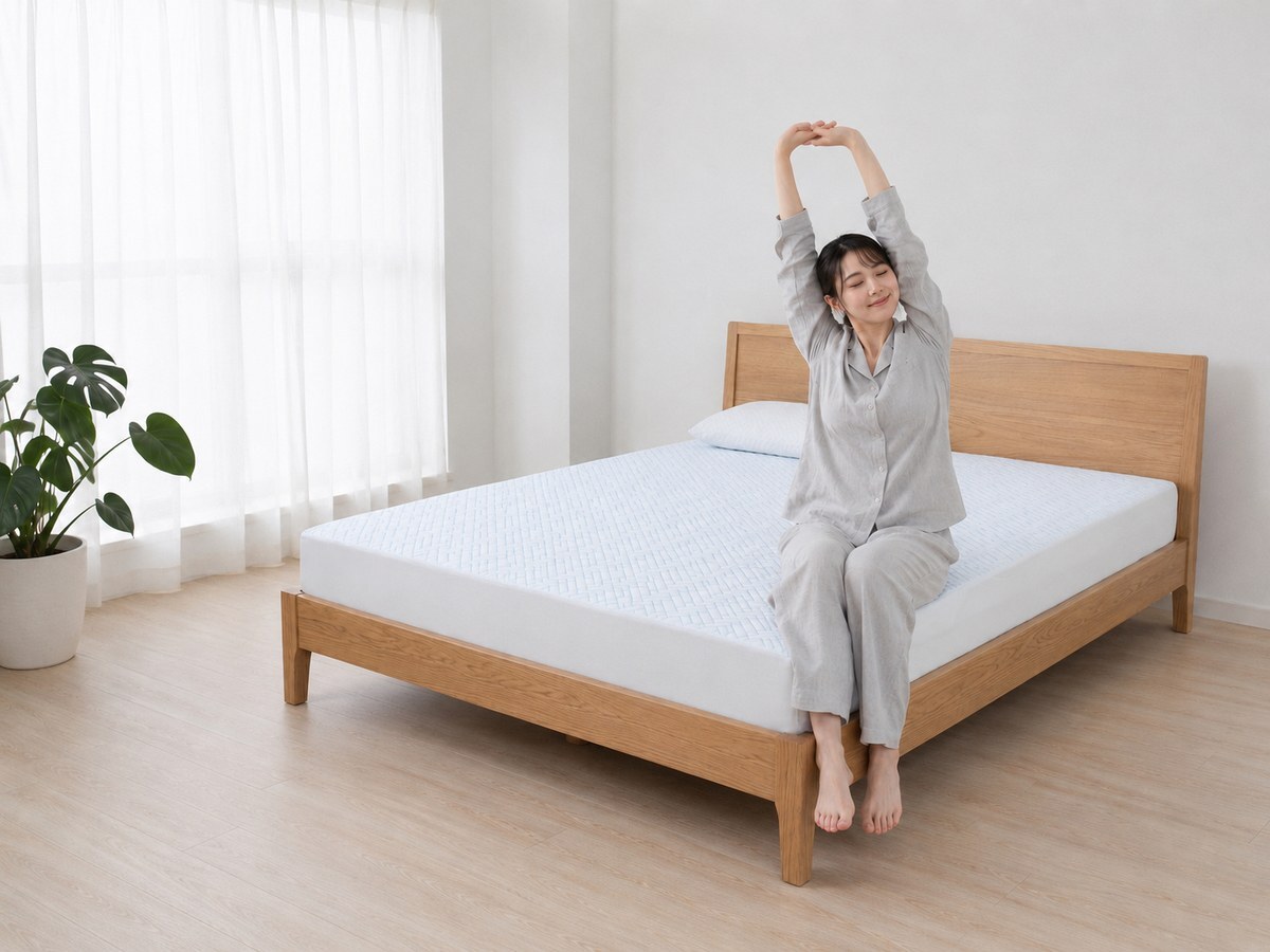 女性坐在森好眠冰絲涼感乳膠床墊邊伸展雙臂，清晨舒展好心情