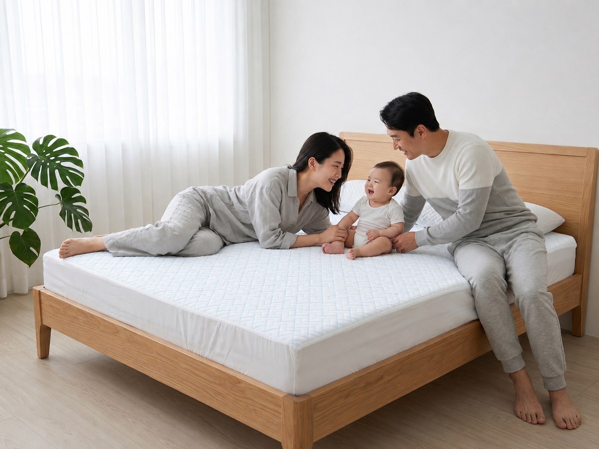 全家三人在森好眠冰絲涼感乳膠床墊上，安心使用的居家場景