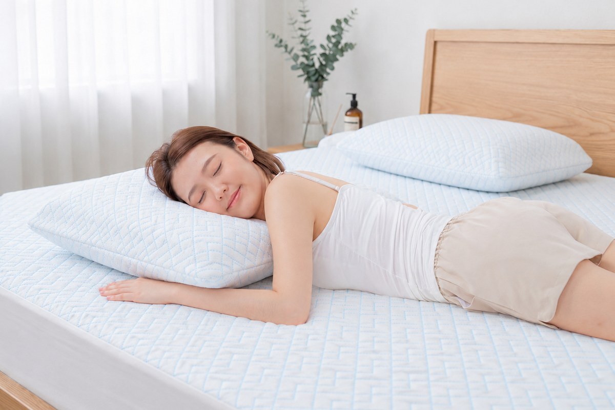 女性側睡在森好眠日本冰絲涼感乳膠床墊上，輕薄睡衣貼合冰絲床面，安詳入眠