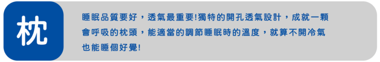 透氣枕頭設計說明圖，強調開孔透氣材質可調節睡眠溫度，提升睡眠舒適度。