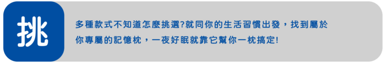記憶枕挑選說明圖，提醒依照生活習慣選擇適合自己的枕頭款式，提升睡眠品質