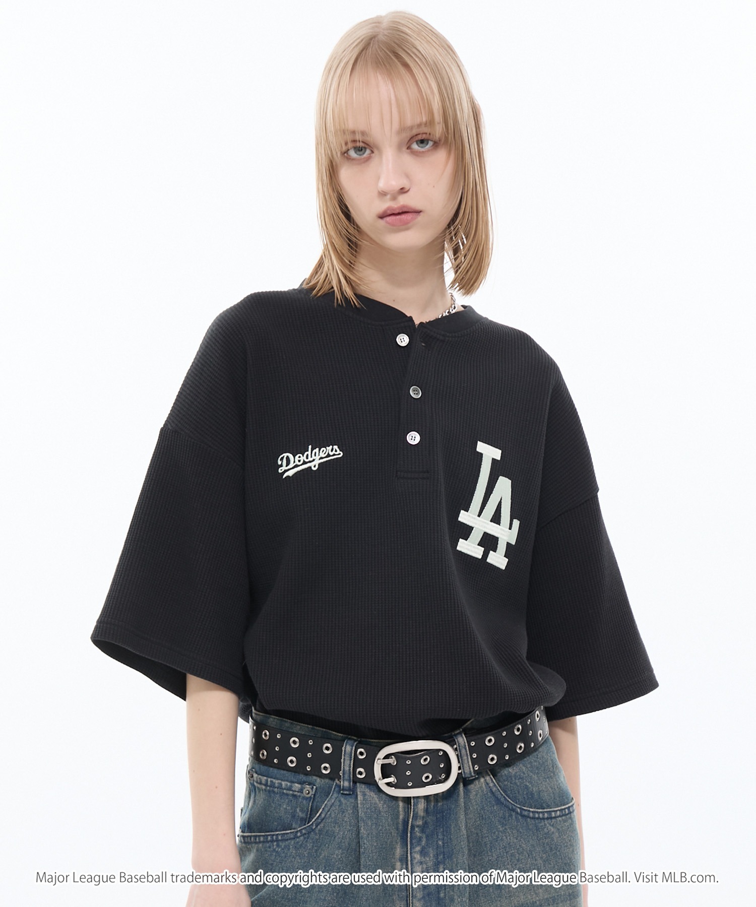 🇯🇵 MONO-MART x MLB 刺繡LOGO 美國職棒大聯盟 洛杉磯道奇 紐約洋基 聖地牙哥教士 亨利領 排扣 華夫格 寬鬆 短袖 短T / 預購