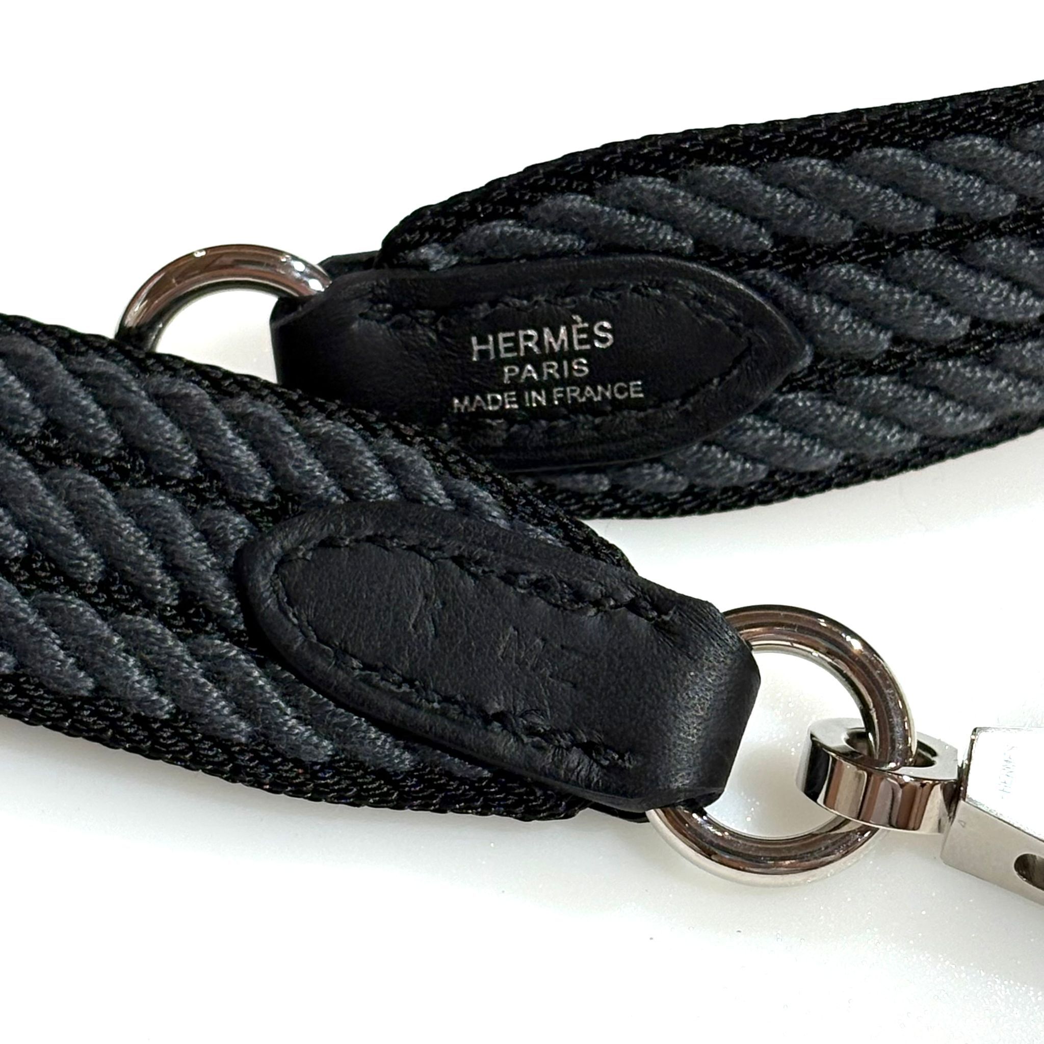 全新HERMES肩帶 85CM SANGLE CORDAGE K Stamp 帆布織帶黑灰Swift小牛皮銀扣 #BRAND NEW #香榭站正品