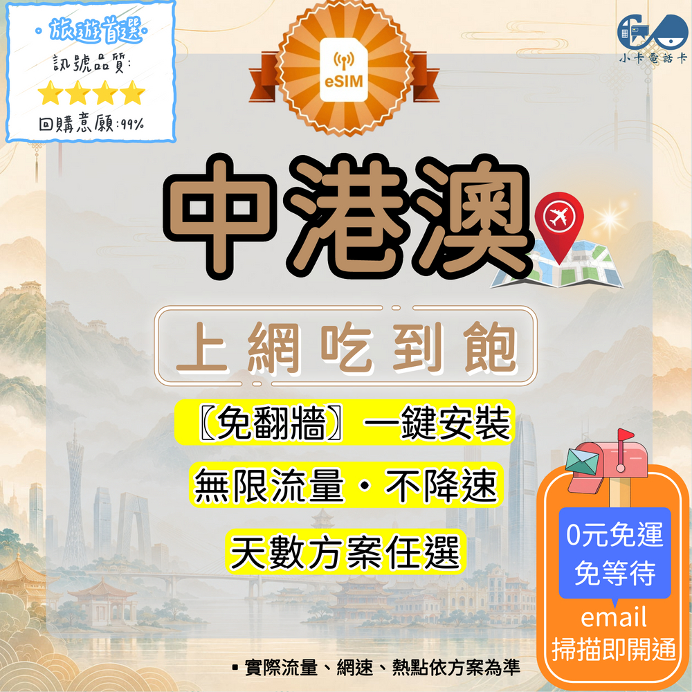 【eSIM】中港澳網卡全方案｜免翻牆·中國+香港+澳門通用·多方案選擇〈快速啟用、免運即時開通、天數客制化〉