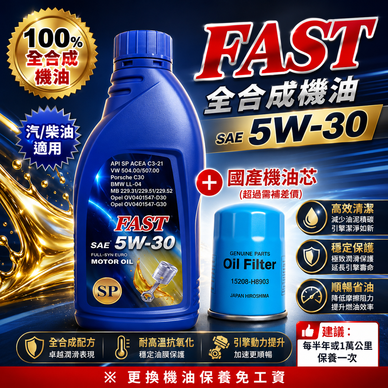 FAST 機油 5W30 SP / 銀色全合成機油 5L + 國產車機油芯