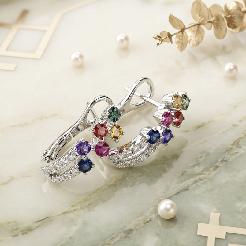 18K Gold Rainbow Sapphires Earrings with Diamonds setting