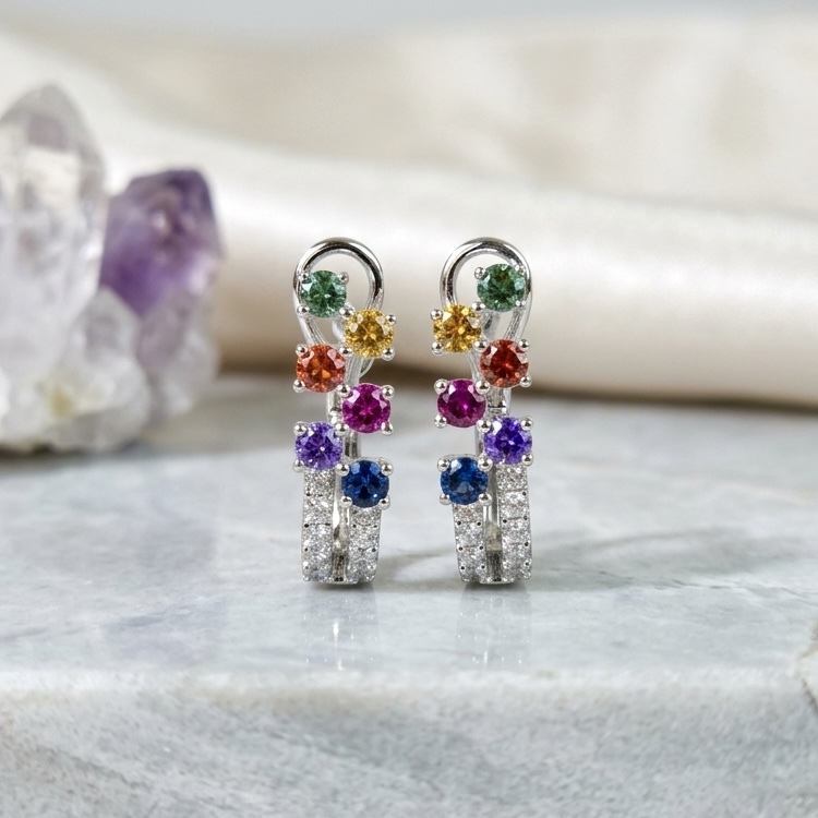 18K Gold Rainbow Sapphires Earrings with Diamonds setting